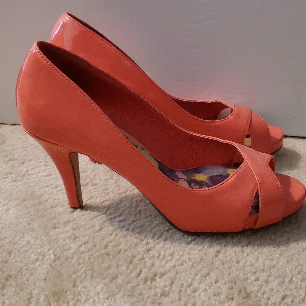 Coral peep toe heels